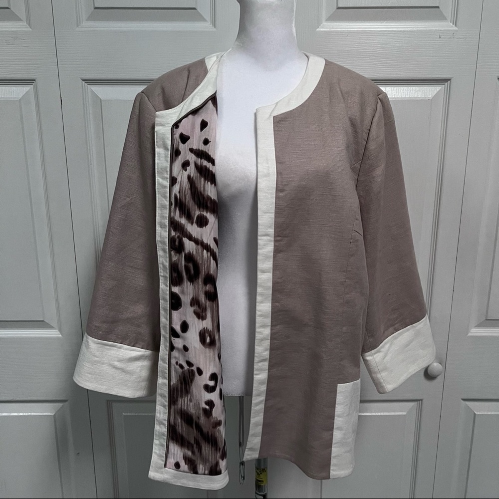 CHICO’S Women Size 2X Reversible Jacket 3/4 Sleeves Linen Taupe & Leopard Open
